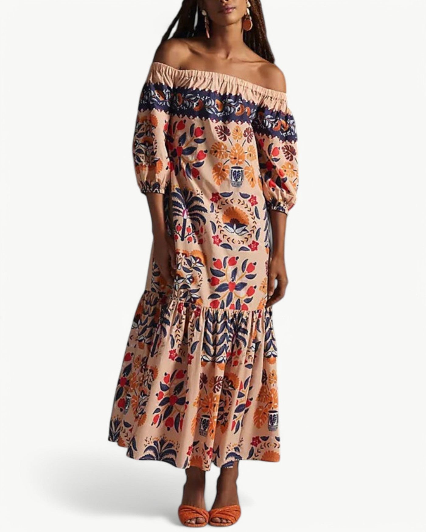 ZÉLIE – Lång off shoulder-klänning med fickor | Blommig och somrig