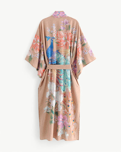 JOLIE – Lång kimono med blommor & påfågelmönster | Elegant & luftig