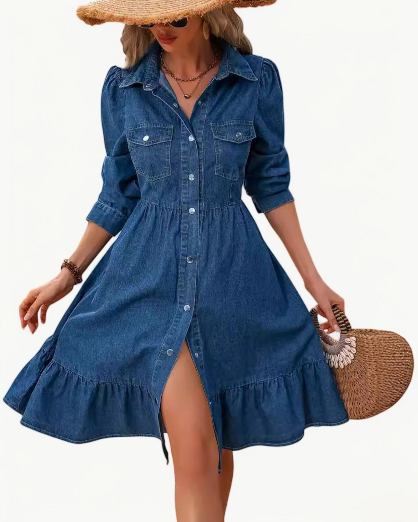 HÉLOÏSE – Jeansklänning med knäppning & volang